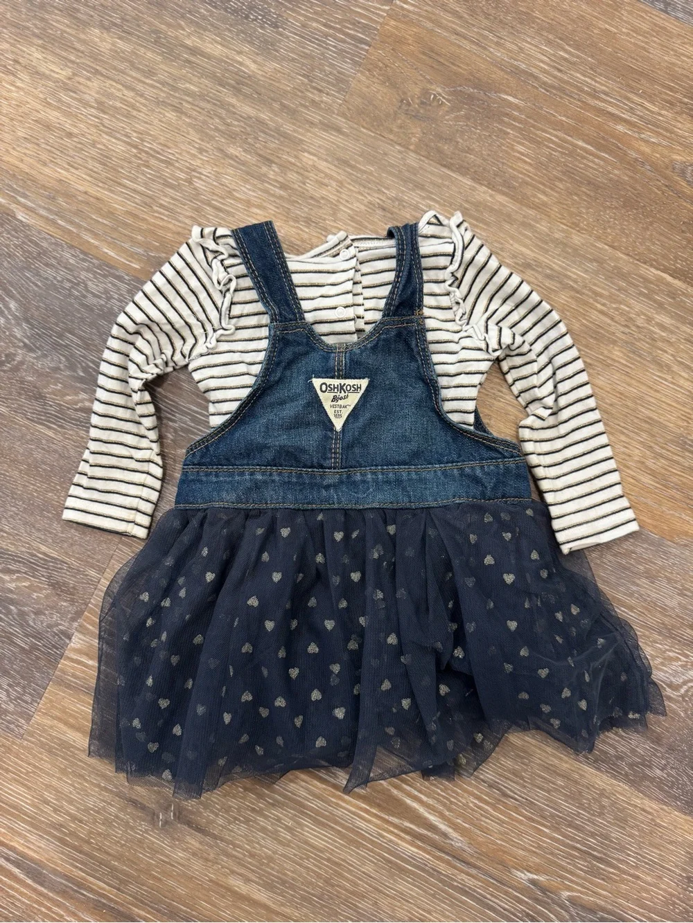 OshKosh B'gosh Navy Denim Overall Dress with Cream & Black Striped Top